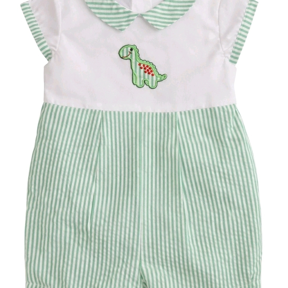 Striped Seersucker Baby Romper with Dino Applique - Mint & White